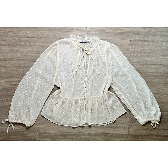 ZARA Woman Sheer Dobby Dot Blouse Long Sleeve Peasant Top Ivory White Size L - Picture 1 of 9